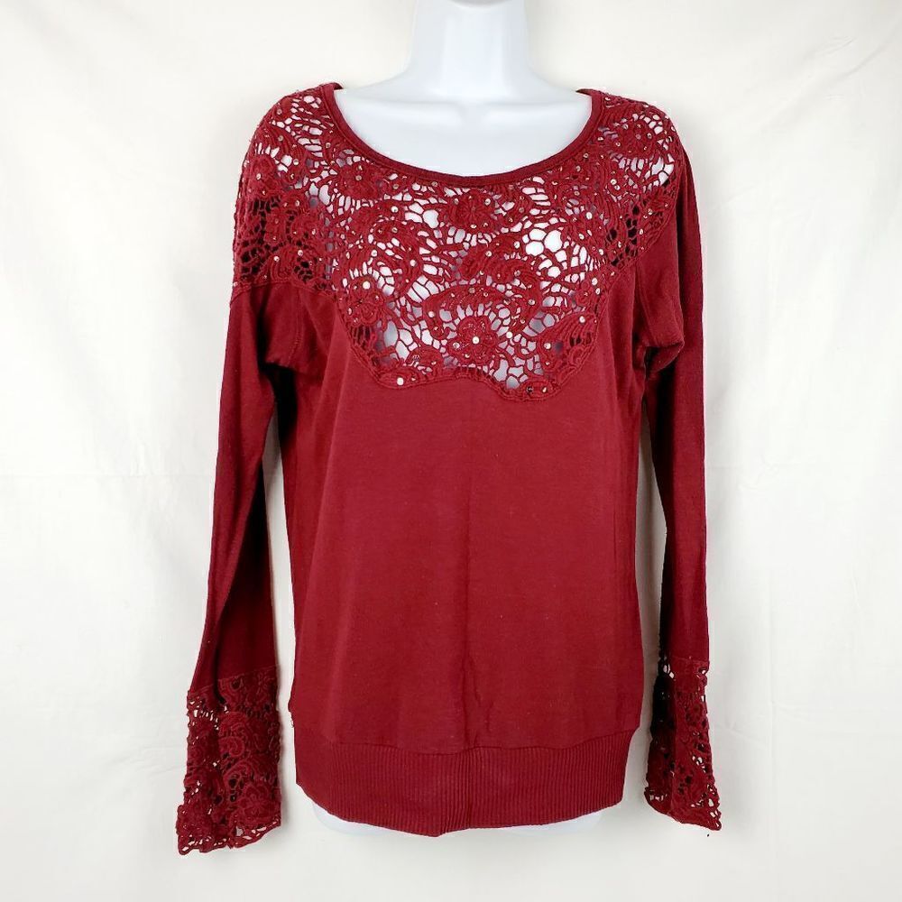 BKE Boutique Large Burgundy Scoop Neck LS Blouse